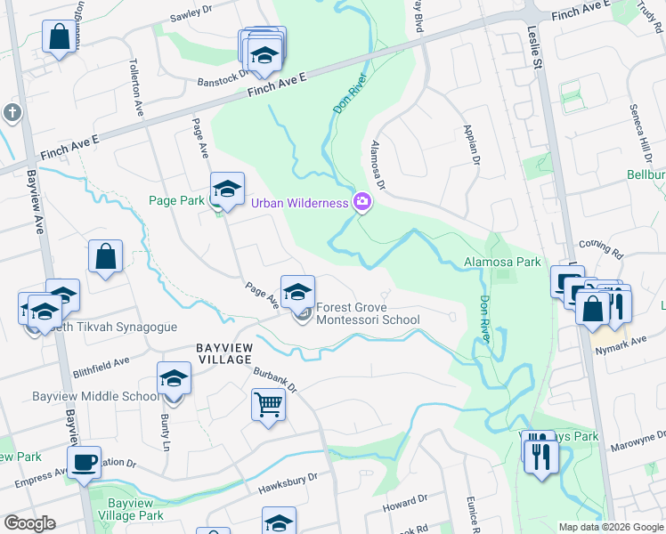 map of restaurants, bars, coffee shops, grocery stores, and more near 26 Restwell Crescent in Toronto