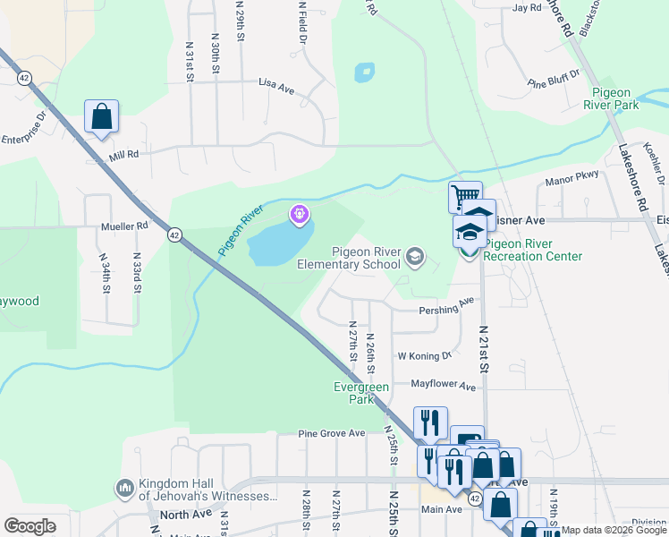 map of restaurants, bars, coffee shops, grocery stores, and more near 3402 North 28th Street in Sheboygan