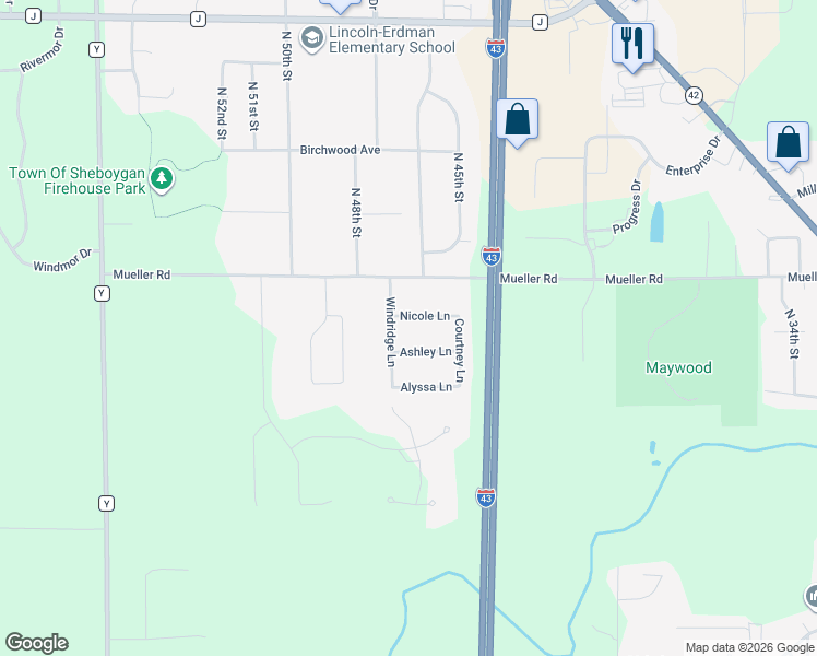 map of restaurants, bars, coffee shops, grocery stores, and more near 4616 Nicole Lane in Sheboygan