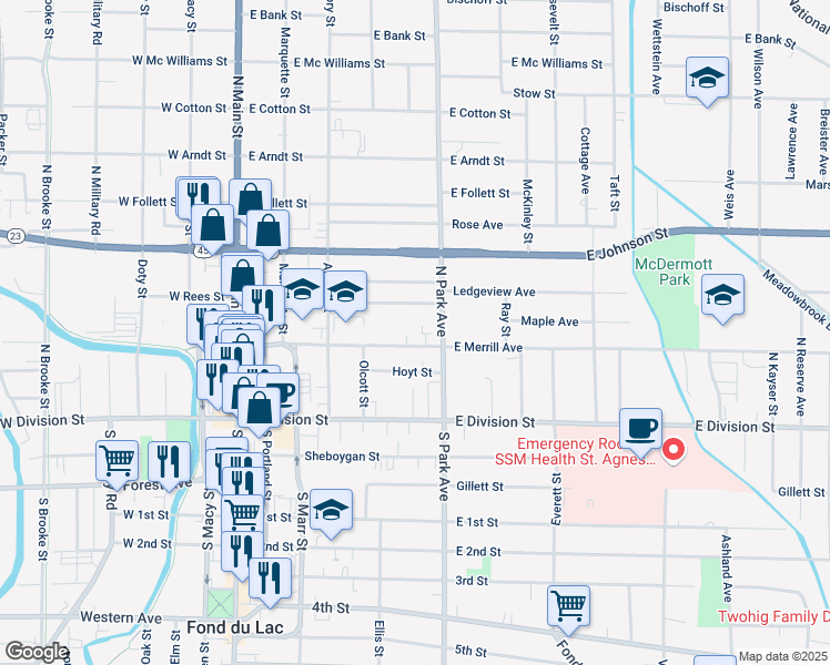 map of restaurants, bars, coffee shops, grocery stores, and more near 182 East Rees Street in Fond du Lac