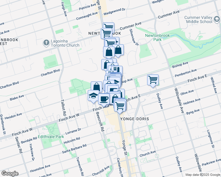 map of restaurants, bars, coffee shops, grocery stores, and more near 5700 Yonge Street in Toronto
