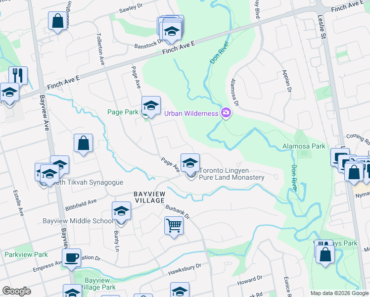 map of restaurants, bars, coffee shops, grocery stores, and more near 3 Sutcliffe Drive in Toronto