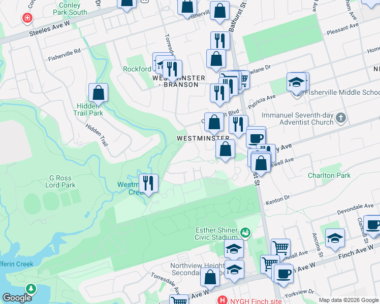 map of restaurants, bars, coffee shops, grocery stores, and more near 300 Antibes Drive in Toronto