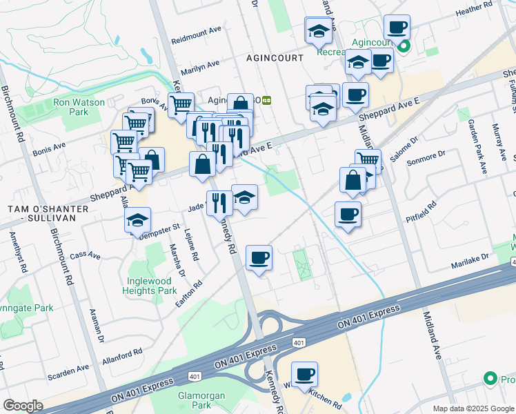 map of restaurants, bars, coffee shops, grocery stores, and more near 80 Cowdray Court in Toronto