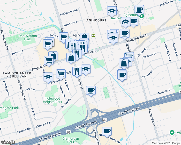 map of restaurants, bars, coffee shops, grocery stores, and more near 80 Cowdray Court in Toronto