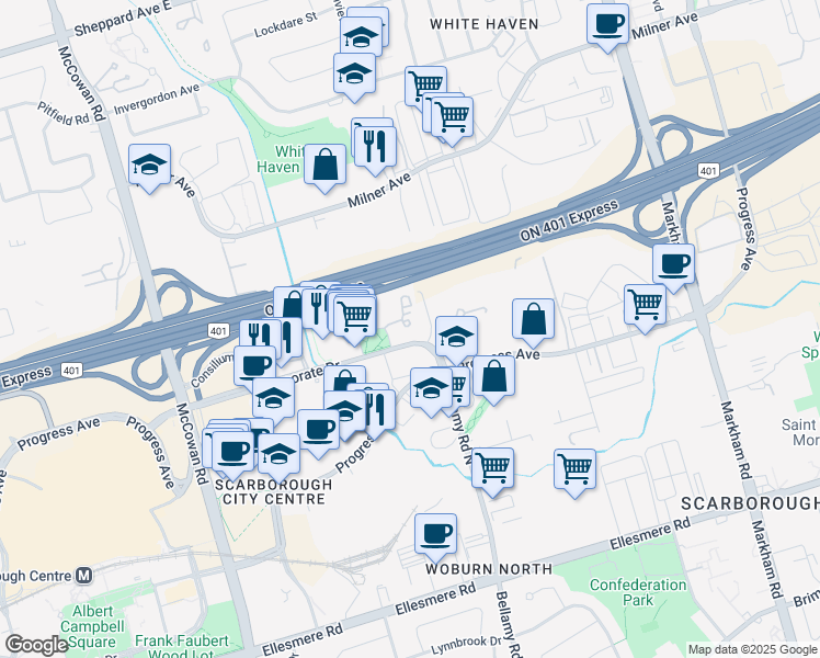 map of restaurants, bars, coffee shops, grocery stores, and more near 11 Lee Centre Drive in Toronto