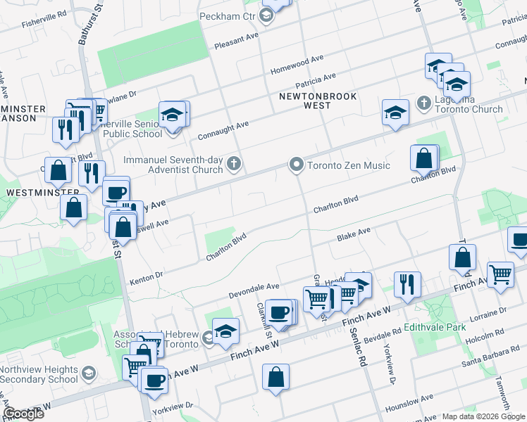 map of restaurants, bars, coffee shops, grocery stores, and more near 23 Dallas Road in Toronto