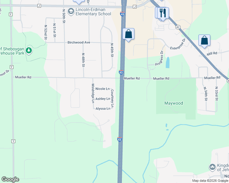 map of restaurants, bars, coffee shops, grocery stores, and more near 3507 Courtney Lane in Sheboygan