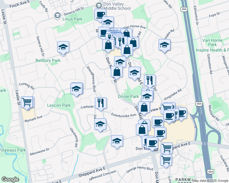 map of restaurants, bars, coffee shops, grocery stores, and more near 2980 Don Mills Road West in Toronto