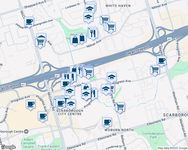 map of restaurants, bars, coffee shops, grocery stores, and more near 38 Lee Centre Drive in Toronto