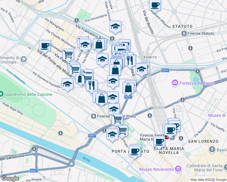 map of restaurants, bars, coffee shops, grocery stores, and more near 28 Via Benedetto Marcello in Firenze