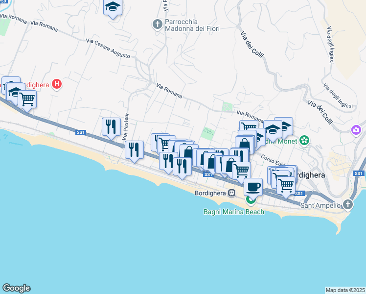 map of restaurants, bars, coffee shops, grocery stores, and more near 6A Via Villa Franca in Bordighera