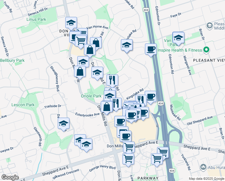 map of restaurants, bars, coffee shops, grocery stores, and more near 2 Kempsell Crescent in Toronto