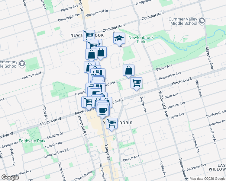 map of restaurants, bars, coffee shops, grocery stores, and more near in Toronto