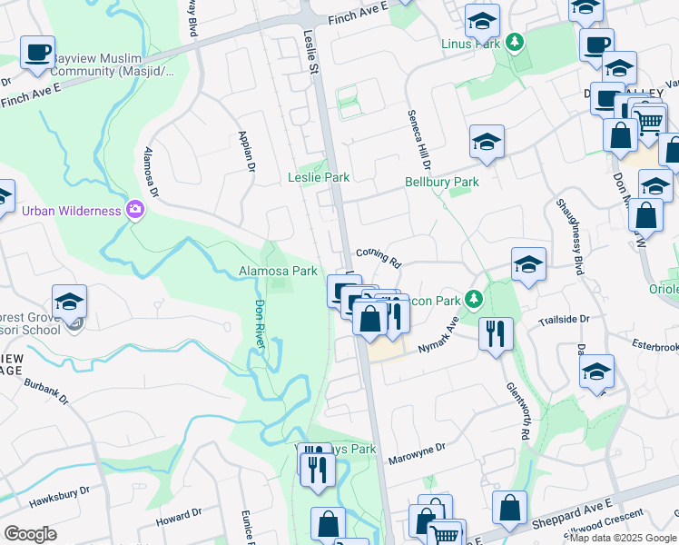 map of restaurants, bars, coffee shops, grocery stores, and more near 41 Wild Briarway in Toronto