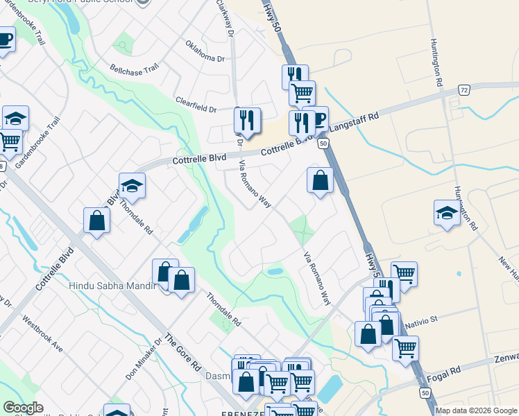 map of restaurants, bars, coffee shops, grocery stores, and more near 8 Goreridge Crescent in Brampton