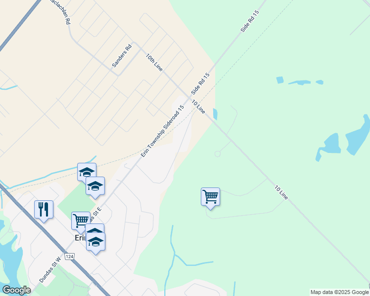 map of restaurants, bars, coffee shops, grocery stores, and more near 10 Credit River Road in Erin