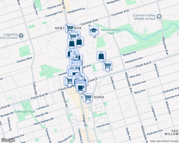 map of restaurants, bars, coffee shops, grocery stores, and more near 8 Pemberton Avenue in Toronto