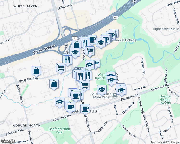 map of restaurants, bars, coffee shops, grocery stores, and more near 40 Tuxedo Court in Toronto