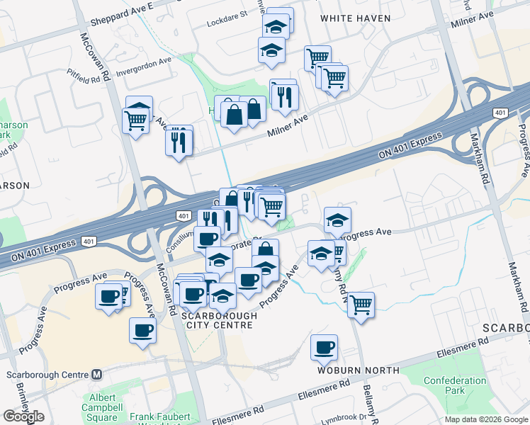 map of restaurants, bars, coffee shops, grocery stores, and more near 36 Lee Centre Drive in Toronto