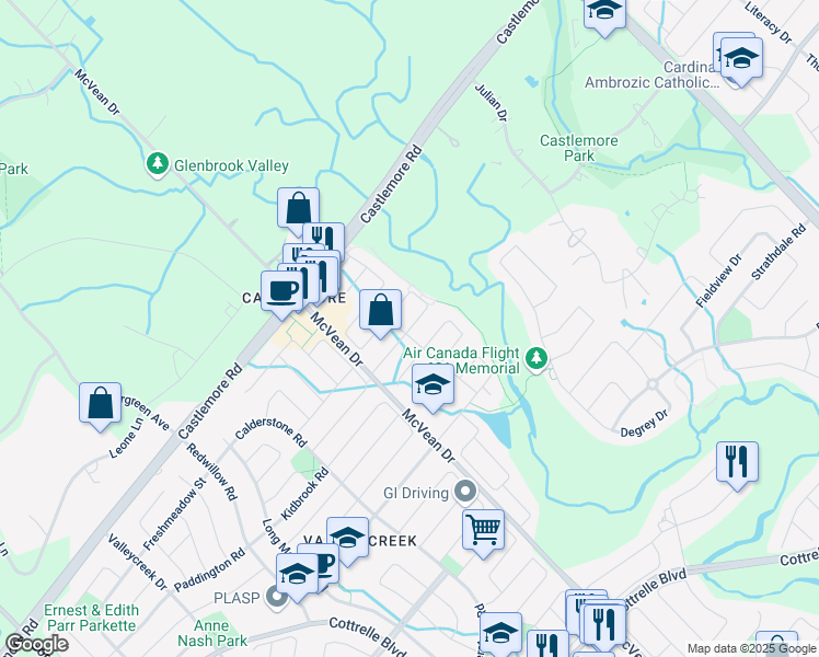 map of restaurants, bars, coffee shops, grocery stores, and more near Havanna Crescent in Brampton