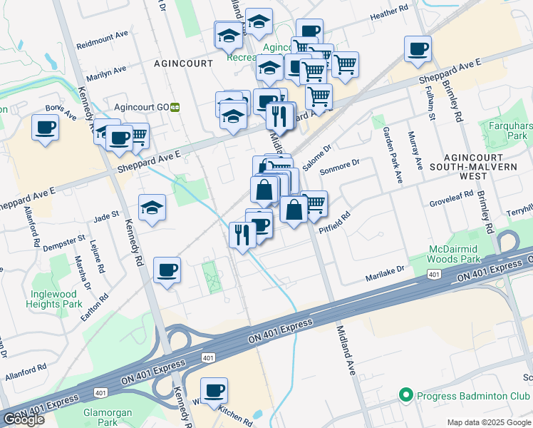 map of restaurants, bars, coffee shops, grocery stores, and more near in Toronto