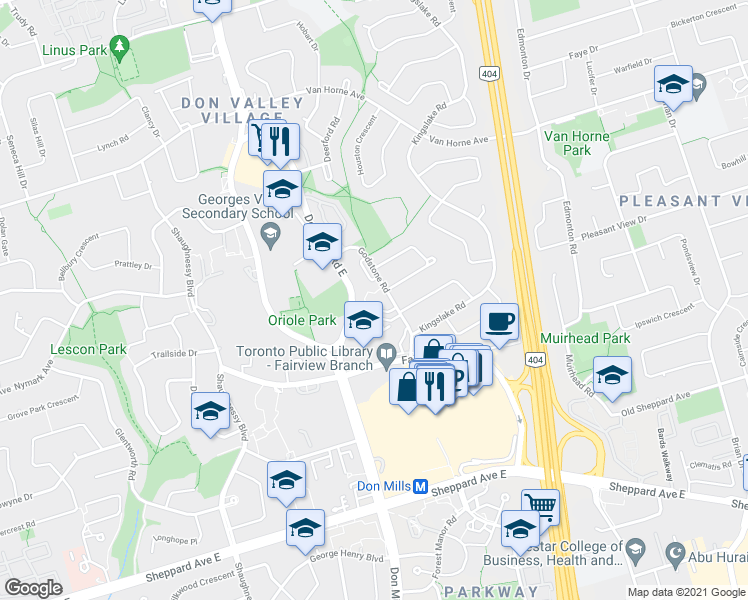 map of restaurants, bars, coffee shops, grocery stores, and more near 30 Godstone Road in Toronto