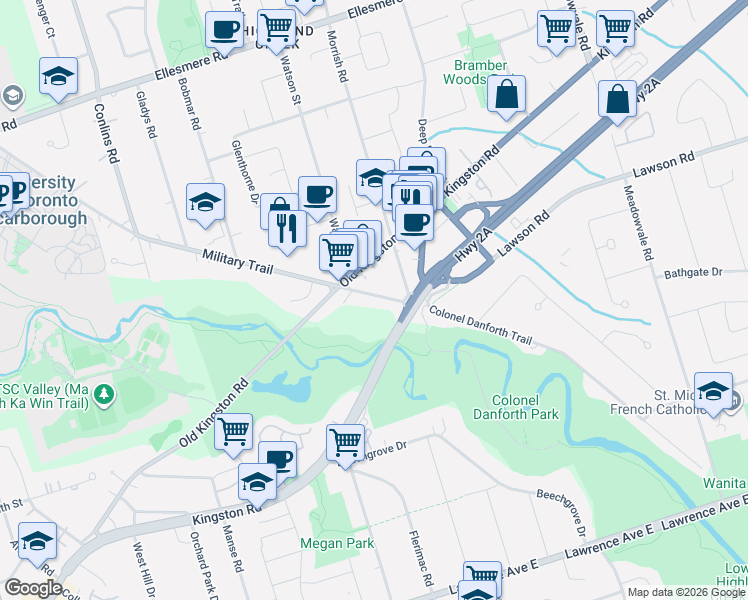 map of restaurants, bars, coffee shops, grocery stores, and more near 1635 Military Trail in Toronto