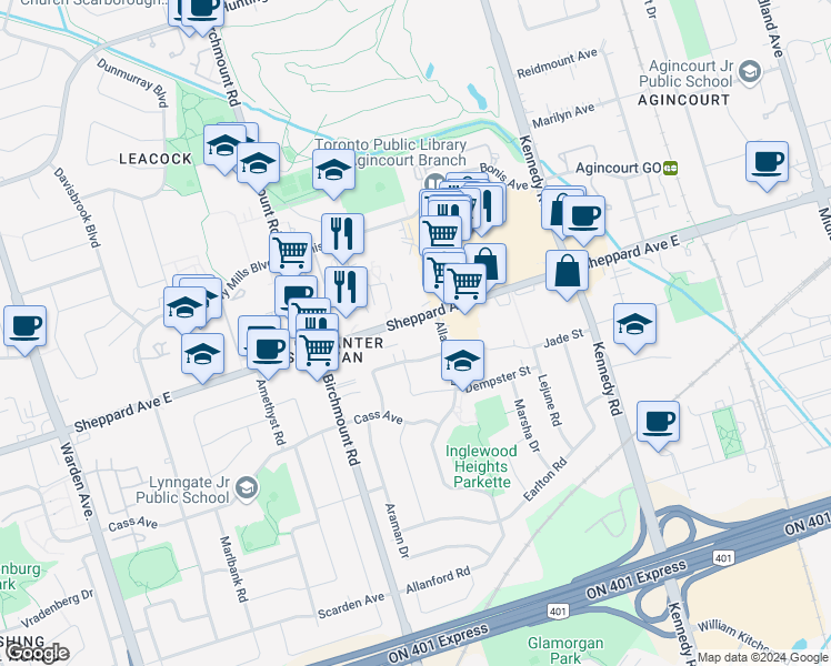 map of restaurants, bars, coffee shops, grocery stores, and more near 3765 Sheppard Avenue East in Toronto