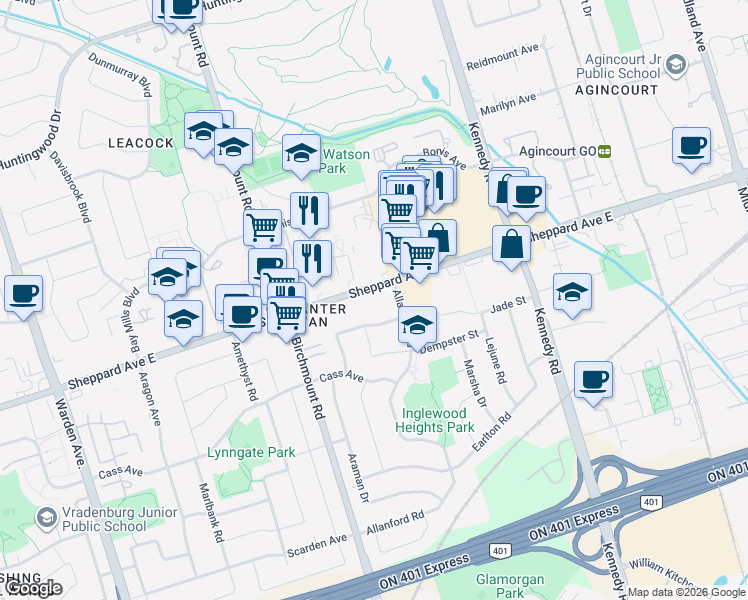 map of restaurants, bars, coffee shops, grocery stores, and more near in Toronto