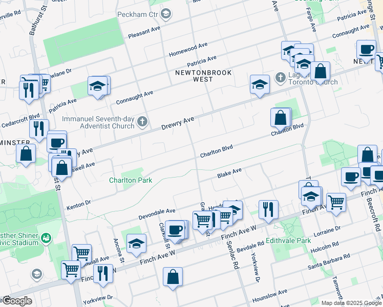 map of restaurants, bars, coffee shops, grocery stores, and more near in Toronto