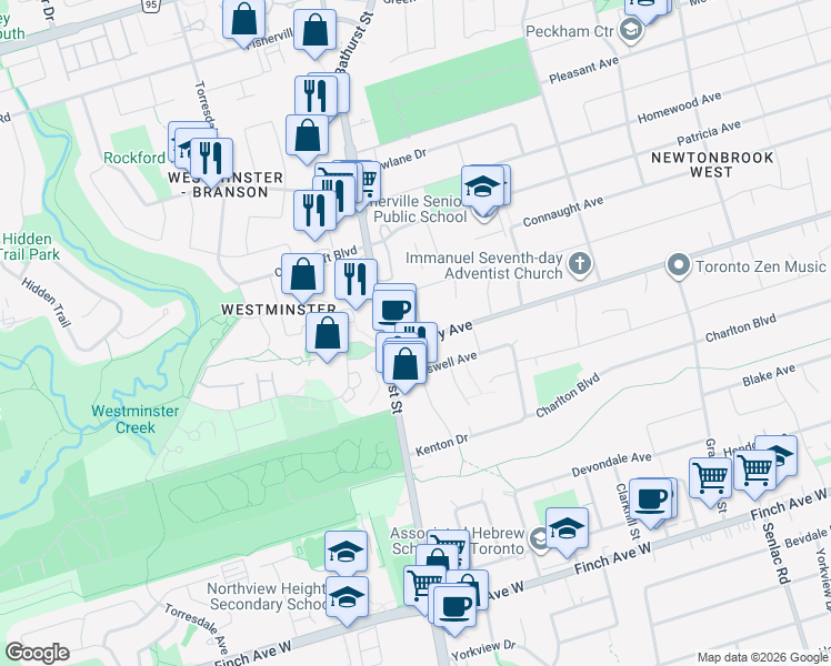 map of restaurants, bars, coffee shops, grocery stores, and more near in Toronto