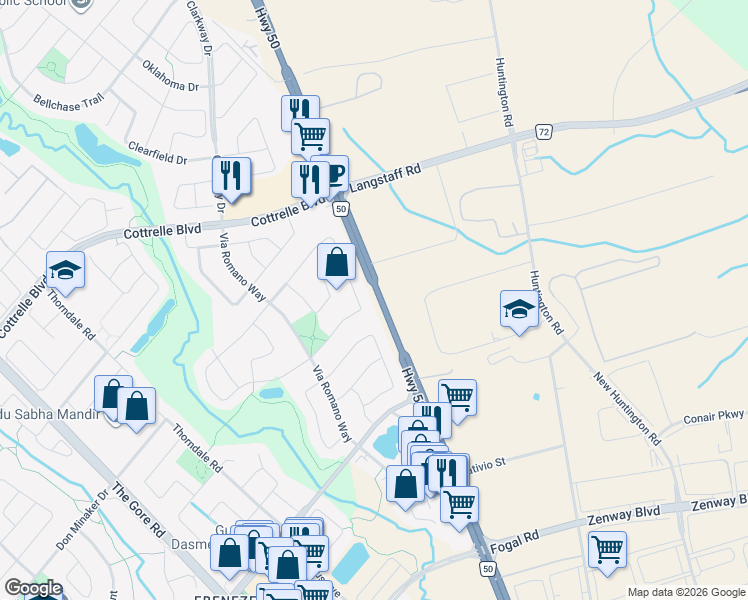 map of restaurants, bars, coffee shops, grocery stores, and more near 71 Zia Dodda Crescent in Brampton