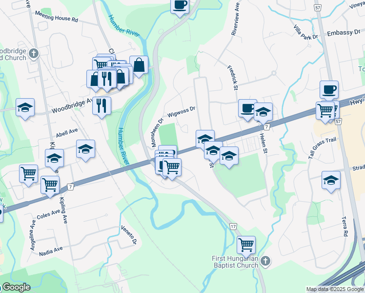 map of restaurants, bars, coffee shops, grocery stores, and more near in Vaughan