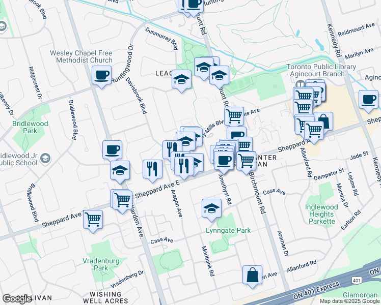 map of restaurants, bars, coffee shops, grocery stores, and more near 3530 Sheppard Avenue East in Toronto