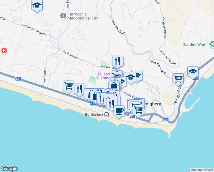 map of restaurants, bars, coffee shops, grocery stores, and more near 13 Via Quintino Sella in Bordighera