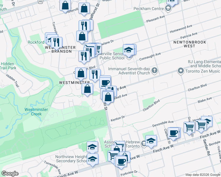 map of restaurants, bars, coffee shops, grocery stores, and more near in Toronto