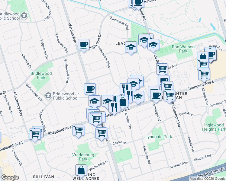 map of restaurants, bars, coffee shops, grocery stores, and more near 16 Nortonville Drive in Toronto