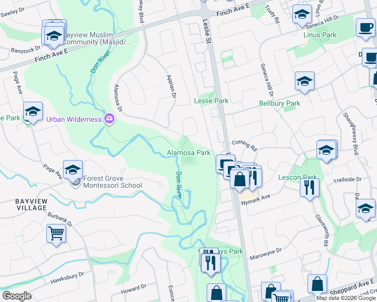 map of restaurants, bars, coffee shops, grocery stores, and more near 111 Alamosa Drive in Toronto