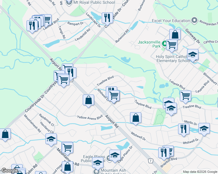 map of restaurants, bars, coffee shops, grocery stores, and more near 13 Rushbrook Drive in Brampton
