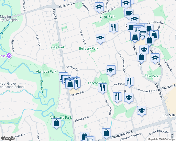 map of restaurants, bars, coffee shops, grocery stores, and more near in Toronto