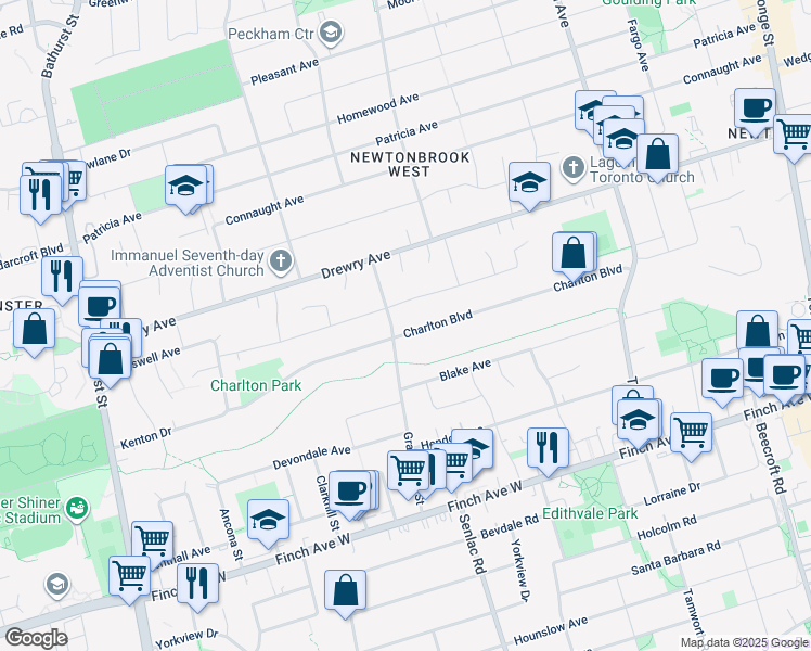 map of restaurants, bars, coffee shops, grocery stores, and more near in Toronto