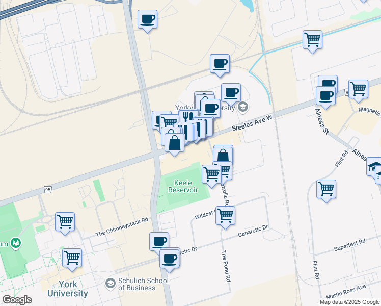 map of restaurants, bars, coffee shops, grocery stores, and more near 2899 Steeles Avenue West in Toronto
