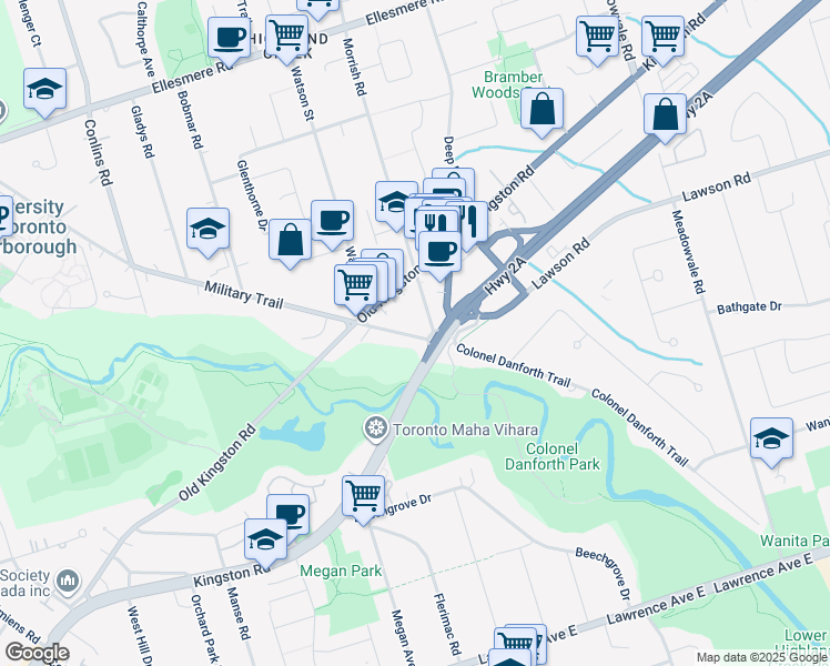 map of restaurants, bars, coffee shops, grocery stores, and more near 1625 Military Trail in Toronto