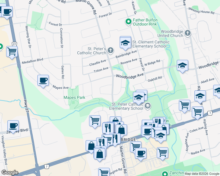 map of restaurants, bars, coffee shops, grocery stores, and more near 7872 Martin Grove Road in Vaughan