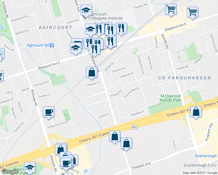 map of restaurants, bars, coffee shops, grocery stores, and more near 20 Sonmore Drive in Toronto