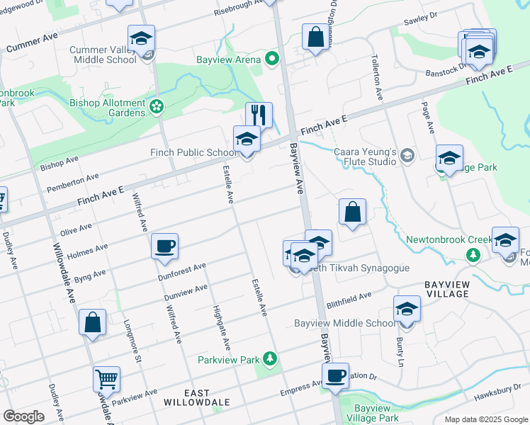 map of restaurants, bars, coffee shops, grocery stores, and more near 330 Byng Avenue in Toronto
