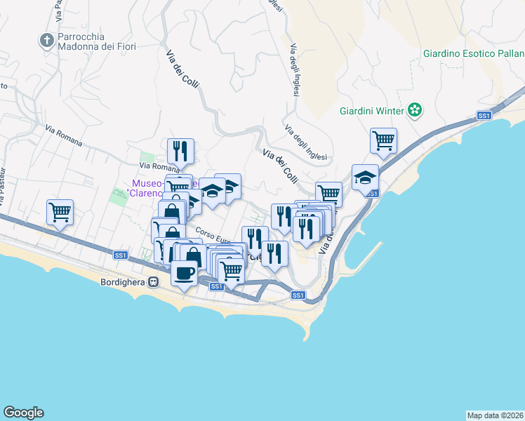 map of restaurants, bars, coffee shops, grocery stores, and more near 28 Via Virgilio in Bordighera