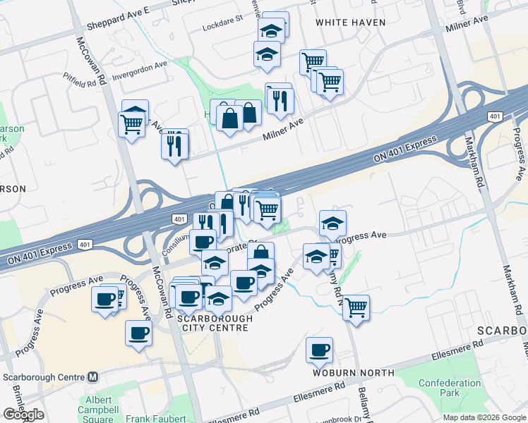 map of restaurants, bars, coffee shops, grocery stores, and more near 38 Lee Centre Drive in Toronto