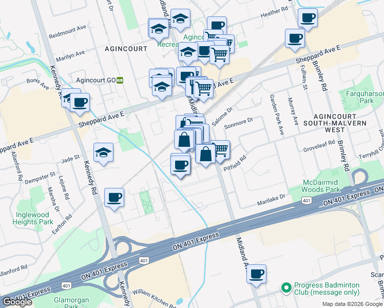 map of restaurants, bars, coffee shops, grocery stores, and more near 50 Weybright Court in Toronto